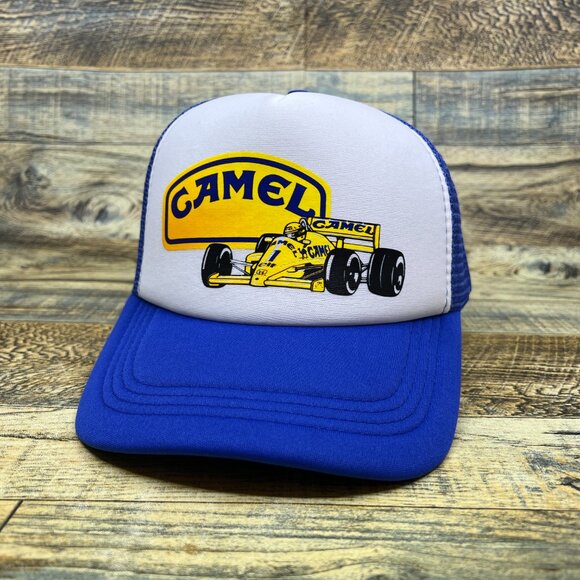 Camel Racing Mens Trucker Hat Blue Snapback Motorsport Drag Retro Baseball Cap - Picture 2 of 9